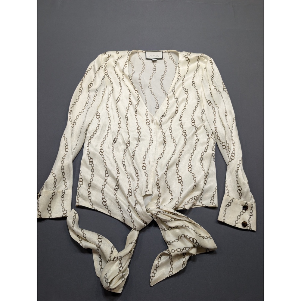 Alexis Chain Print Tie-Front Blouse Long Sleeve V-Neck Top Size L